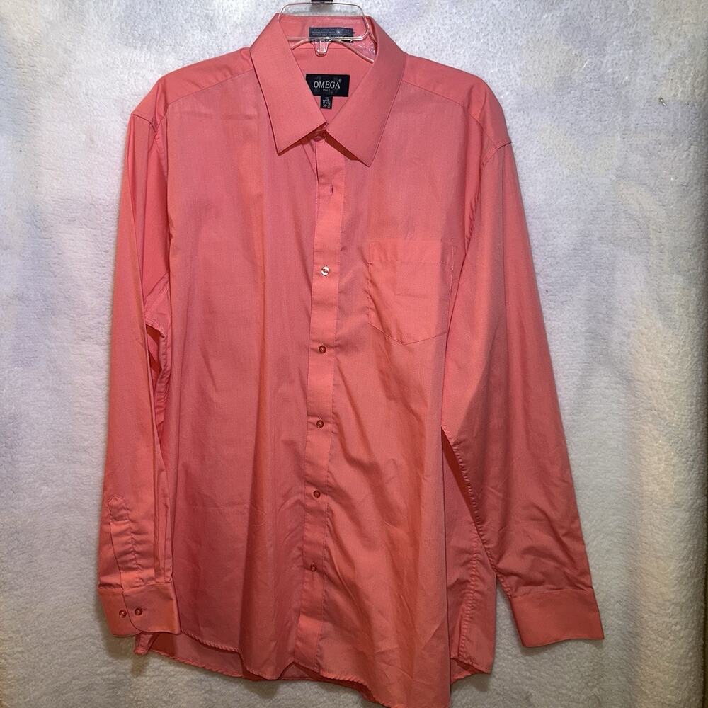 Omega Italy Dress Shirt XL 17-17.5 Coral Pink Button Front 52 Chest 32 Length